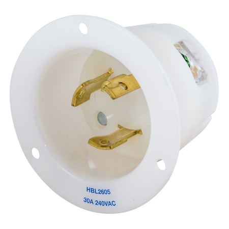 Hubbell Wiring Device-Kellems Flanged Locking Inlet, 30 A, 240V AC, Single Phase, 2 Pole, White HBL2605